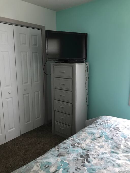 Dresser, TV with DVD player, and closet