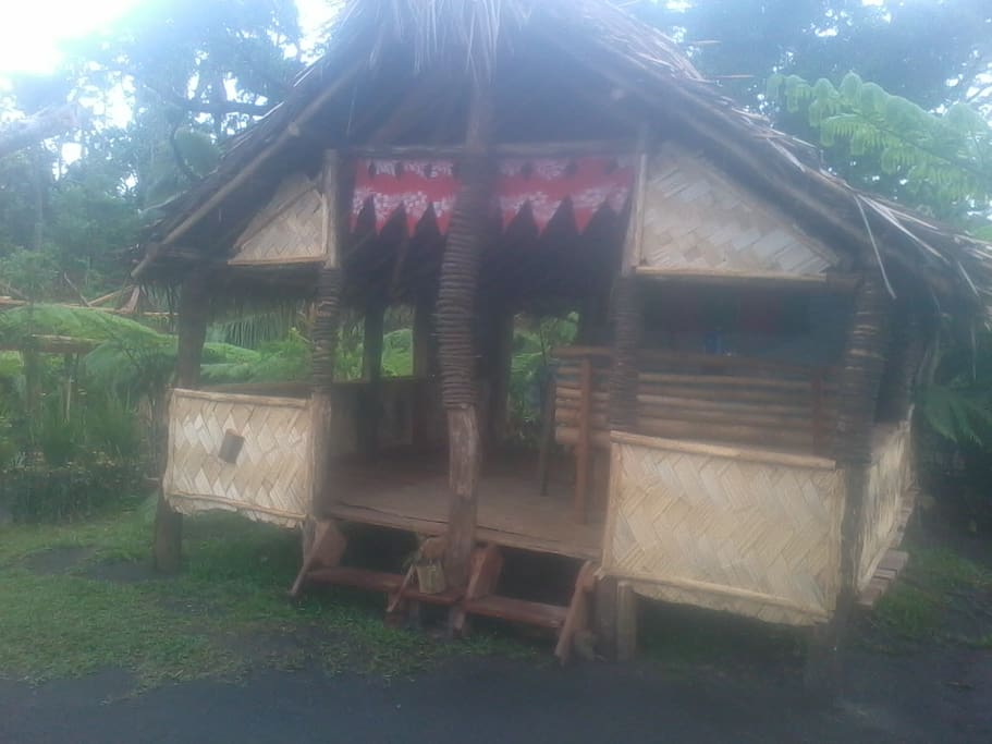 Bungalow 1 made of natural materials, nestled in the pristine rainforest next to a river