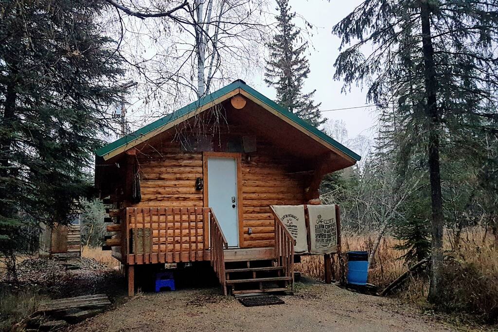 Welcome to our cozy little cabin!! we try to keep it the most natural way we can..at the back you can see the outhouse