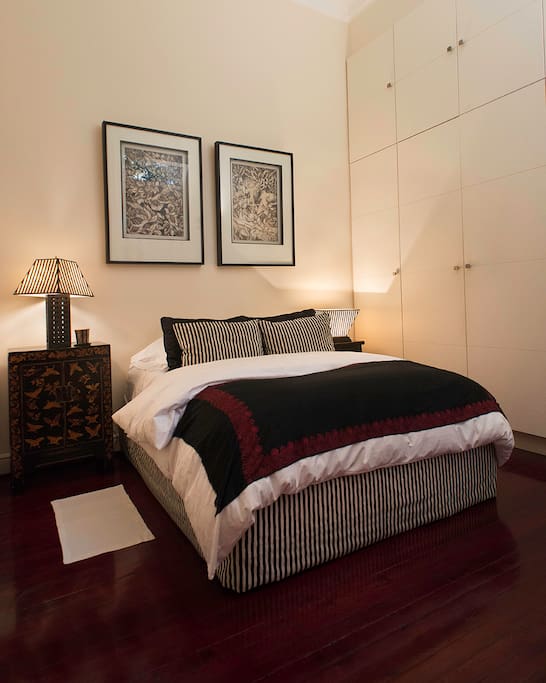 MAIN BEDROOM, QUEEN, DOWN COMFORTER, FEATHERBED, DOWN PILLOWS AND FINE WHITE LIENS ALWAYS PRESSED