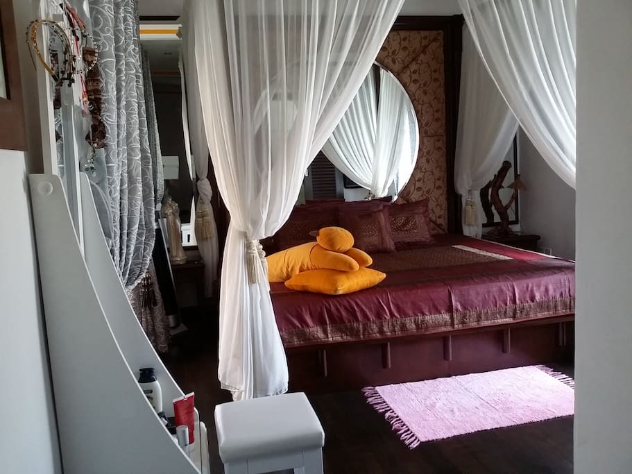 Super king size bed(7ft),attached bathroom,huge bath tub and shower.