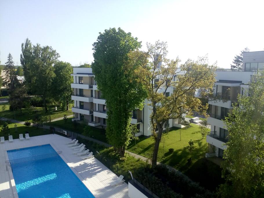 Swimming pool, view from terrace situated at the roof of the building.