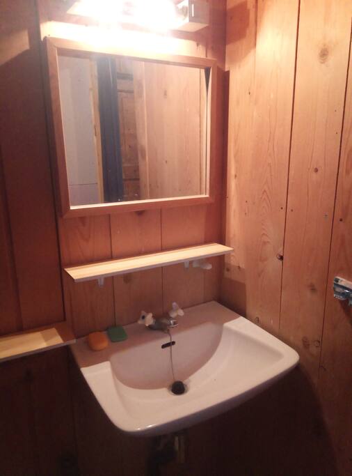 Vasken på badet, til høyre for vasken er et dusjkabinett.