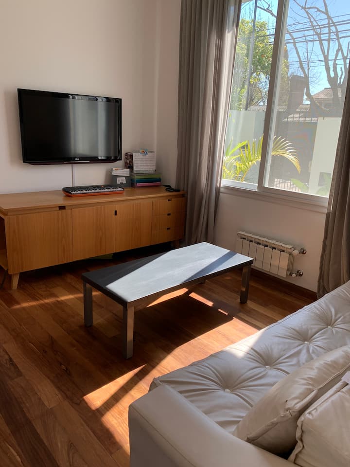 חדר טלוויזיה עם ספה נפתחת.