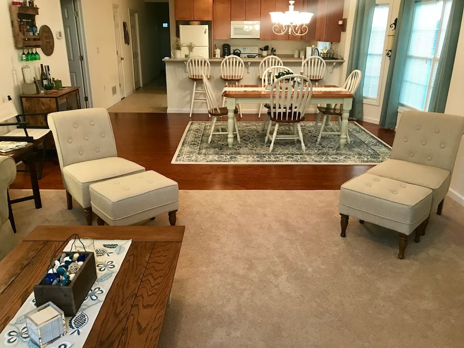 View from living room of dining room & kitchen