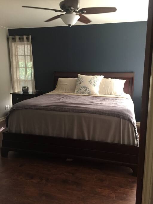 Master bedroom featuring exceptionally comfortable king bed, remote controlled fan and lighting, and soothing color palette.