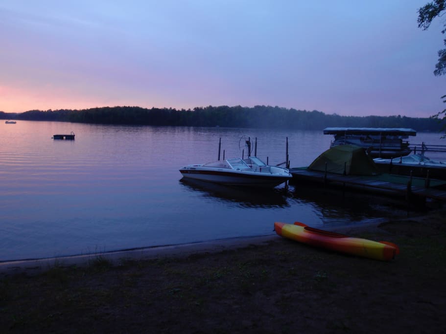 Sundown over the lake. A view of the raft you can use.