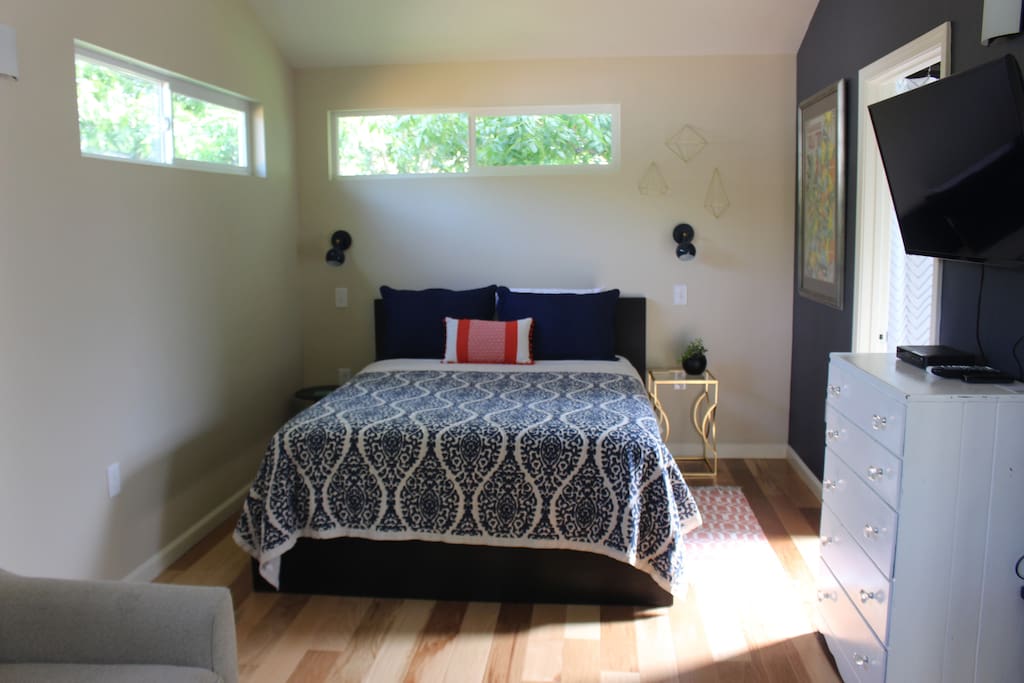 high windows and vaulted ceilings create a bright, open space