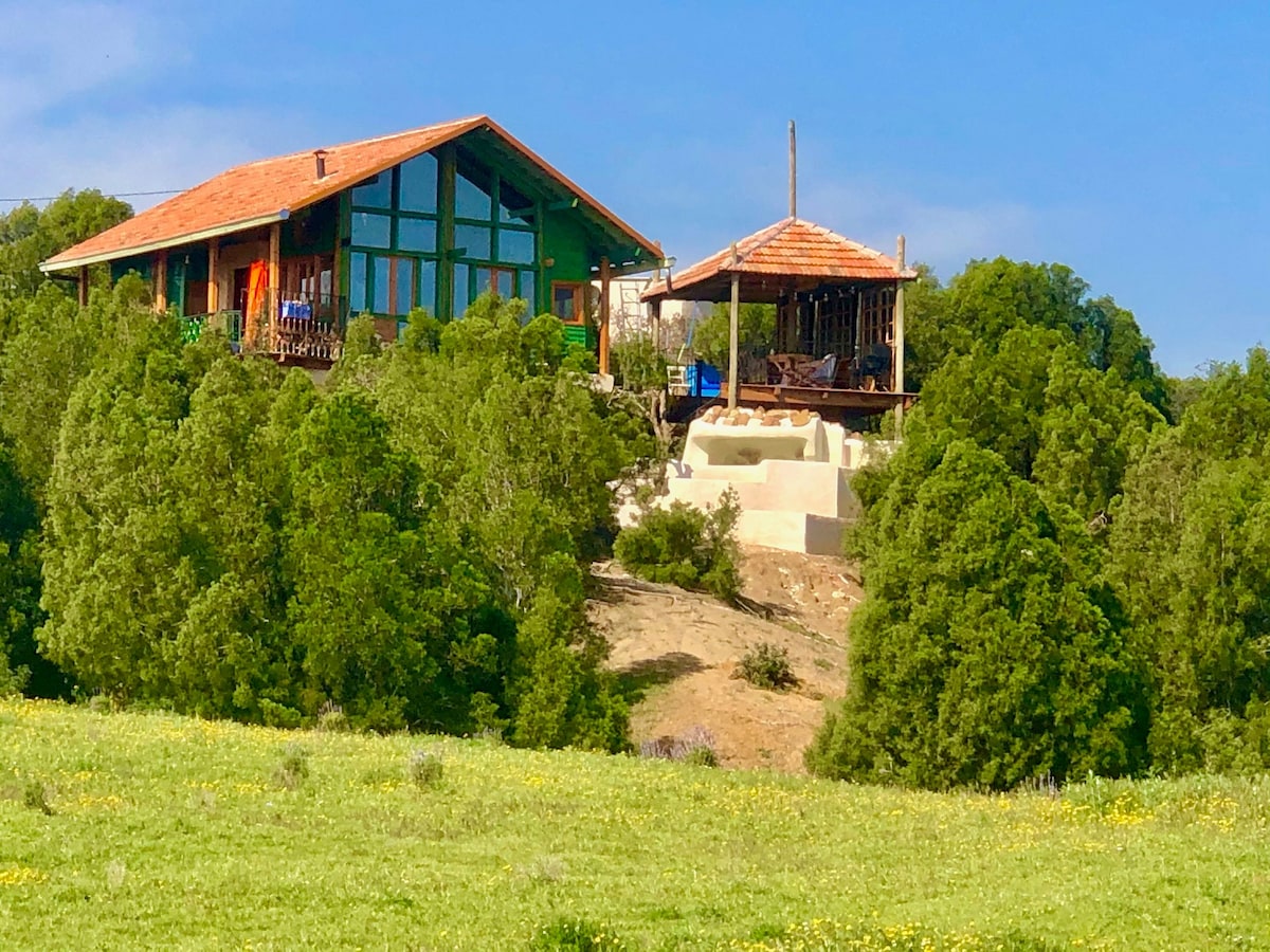 A charming wooden house with green accents is set on a hillside, surrounded by lush trees. A gazebo with a thatched roof can be seen nearby, offering shaded seating. The tranquil property is nestled within a vast green landscape, inviting relaxation and connection to nature.
