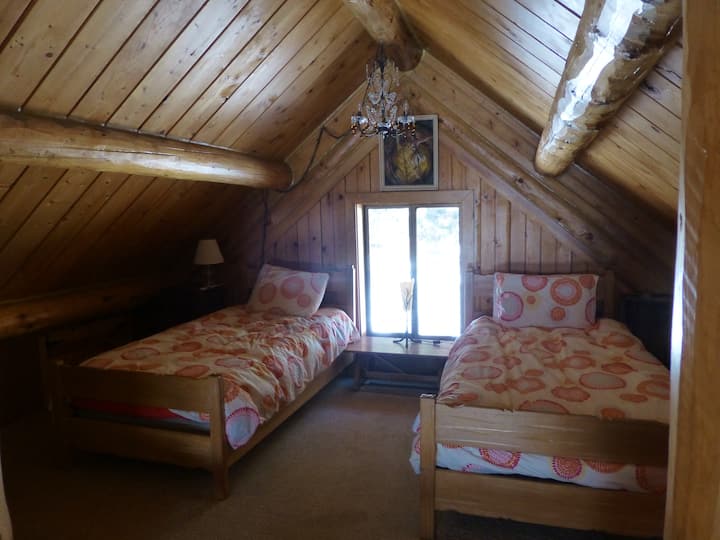 Chumba cha kulala cha roshani chenye vitanda viwili pacha. Inatazama ghorofa kuu.