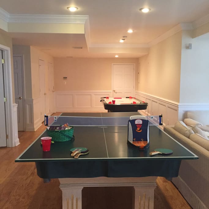 Ping pong pool and air hockey. Hardwood floors.