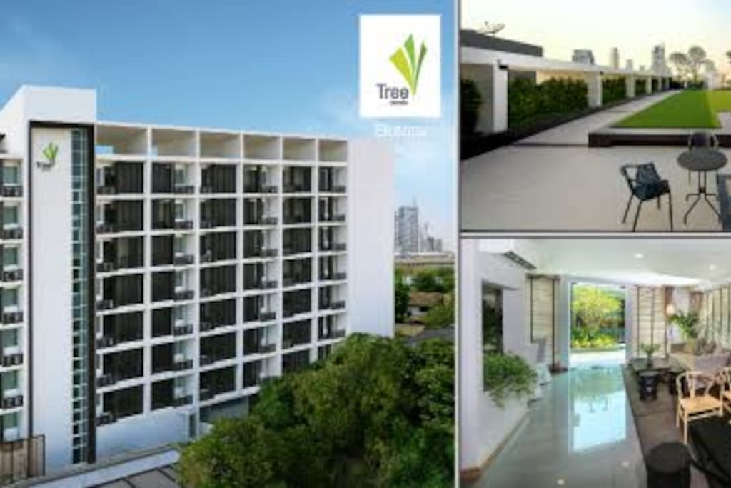 Building, roof top garden, and lobby.
