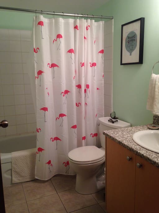 Flamingo bathroom equipped with hairdryer + straightener!