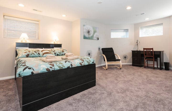 Spacious and bright, the Dandelion Room (BR-1) receives first morning light. It sleeps 2 people +  2 babies in 2 Pack-and-Plays available at your request. Each of 3 bedrooms is equipped with a privacy door that locks from inside each bedroom.  
