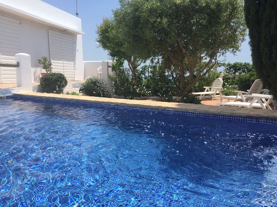 patio ajardinado junto a la piscina