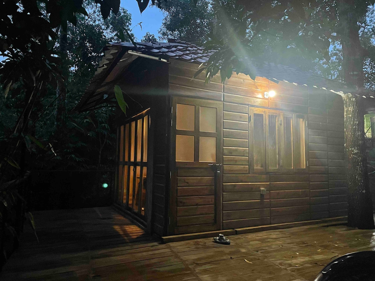 A wooden cottage is nestled among trees, with large windows allowing soft light to filter through. The well-maintained exterior features a sloped roof and wooden deck, offering a serene outdoor space. Warm lights illuminate the entrance, enhancing the cottage's inviting appearance.