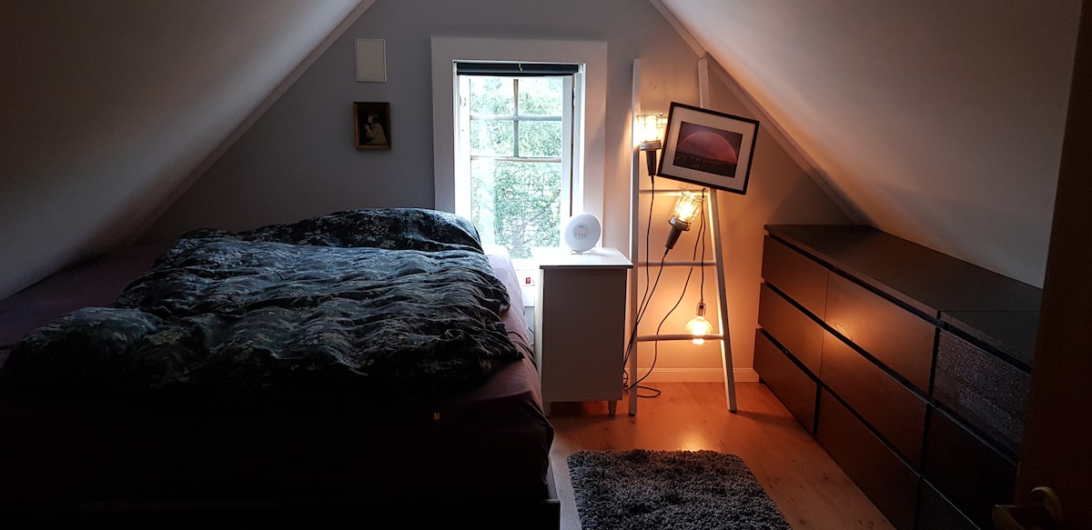 Საძინებელი ზედა სართულზე, 160 სიგანის ორადგილიანი საწოლით. 