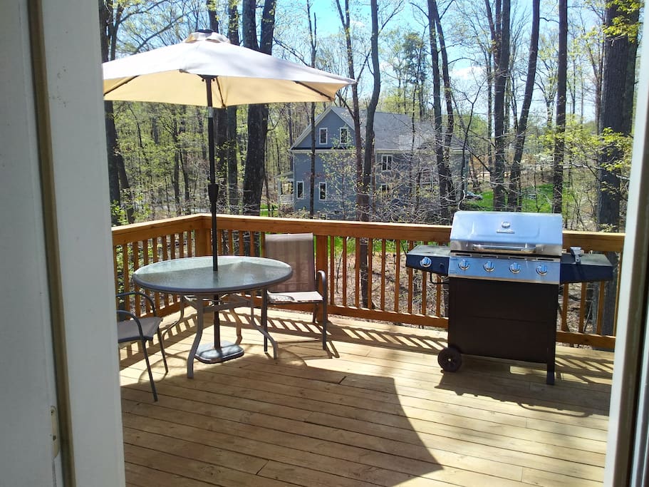 Private deck with gas grill and hammock.