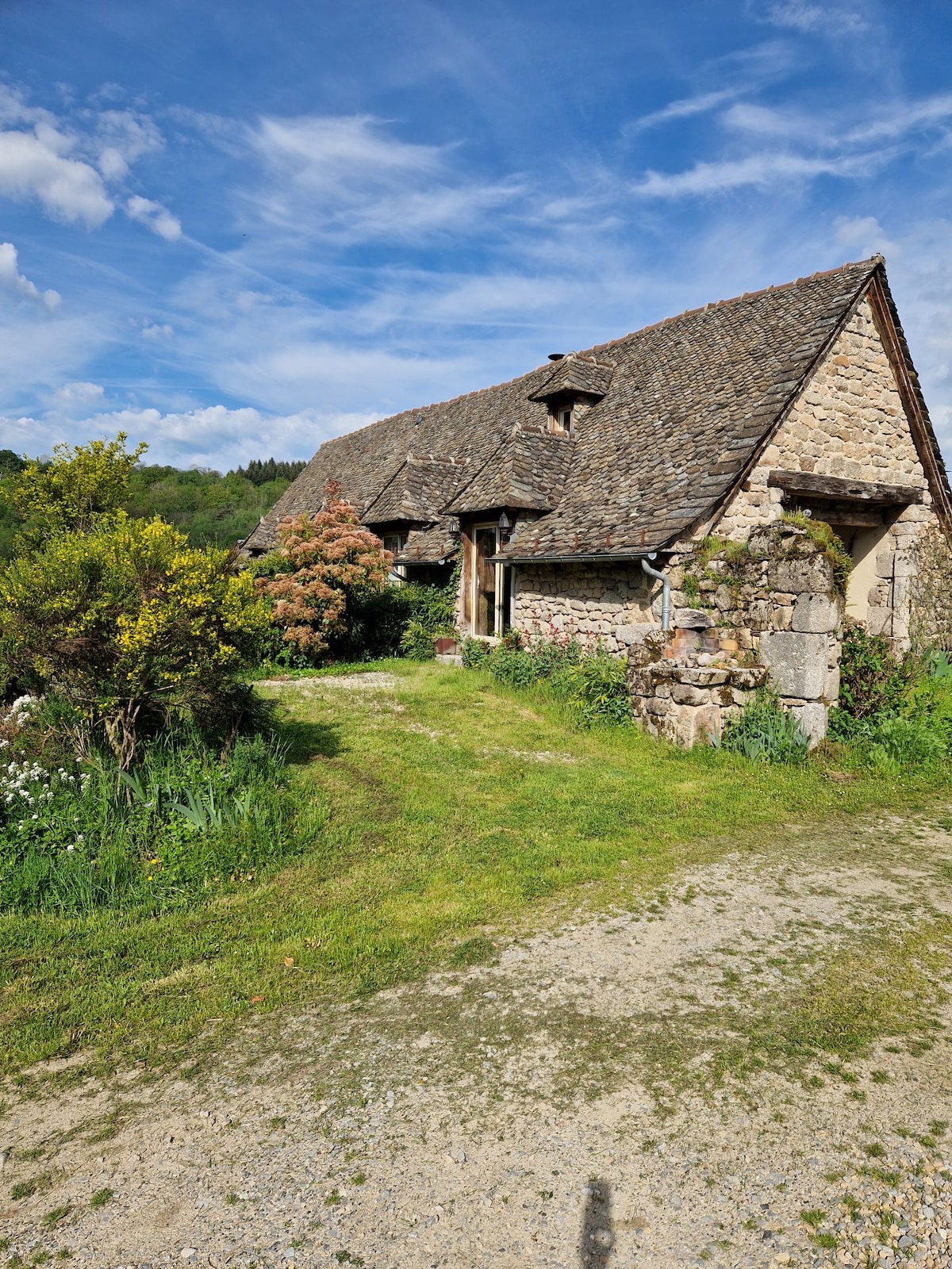 A rustic stone building with a steeply pitched roof is surrounded by greenery. Flowering shrubs and wild grasses frame the entrance, while a gravel path leads to the door. The serene, natural setting conveys a sense of tranquility.