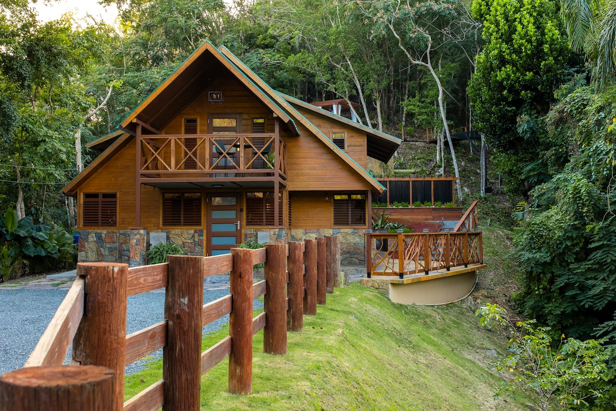The chalet features a charming wooden exterior with a peaked roof, surrounded by lush greenery. A stone pathway leads up to the entrance, and an inviting porch with wooden railings overlooks the serene landscape. The surrounding area is shaded by tall trees, enhancing the peaceful ambiance.