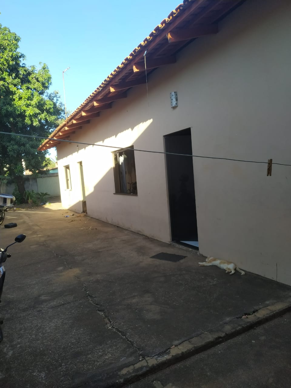 A simple exterior view of a house is presented, featuring a light-colored facade and a shadow cast by the roof overhang. Two windows allow natural light to enter, while a white cat is seen walking along the ground near the entrance. A motorcycle is parked nearby.
