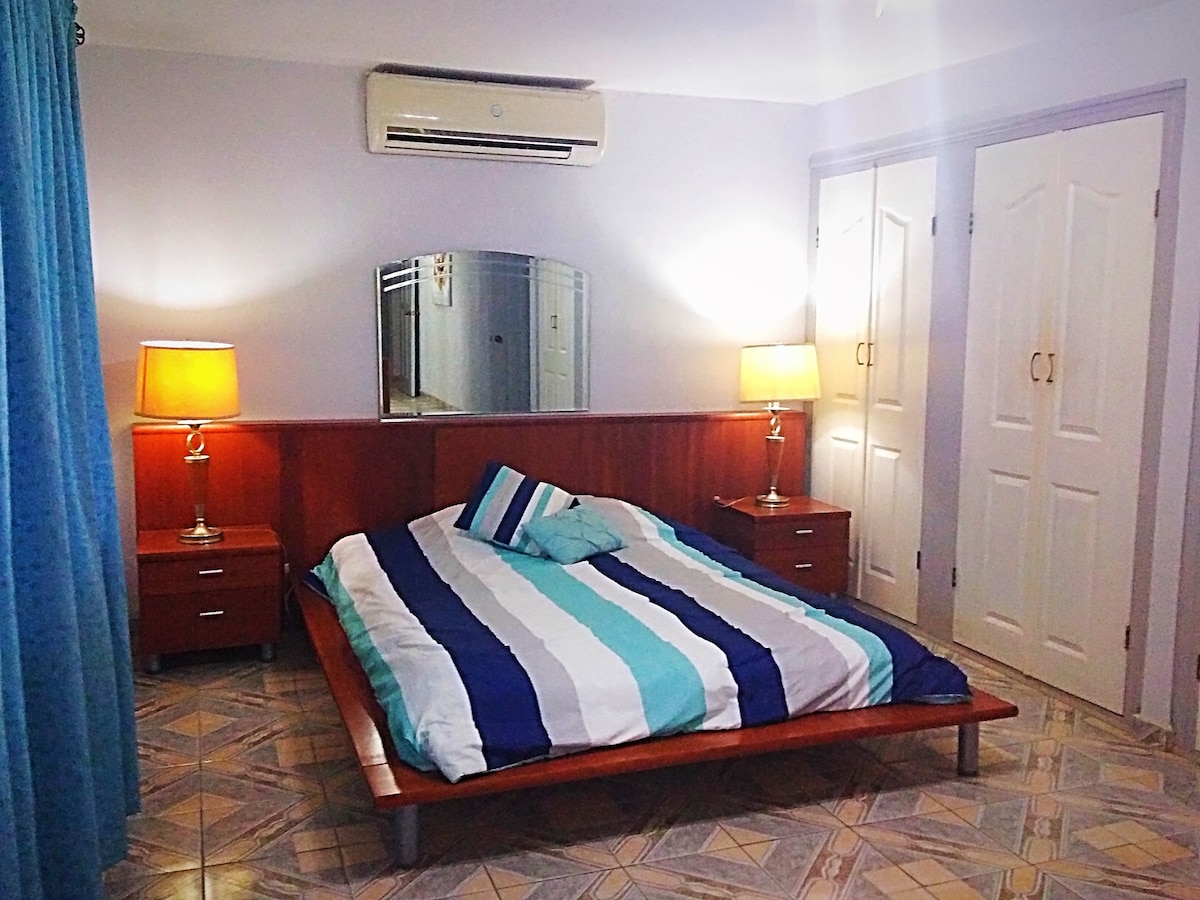 Luxusná spálňa s manželskou posteľou King, vlastnou kúpeľňou, súkromným vchodom, množstvom priestoru v skrini a televízorom s plochou obrazovkou.