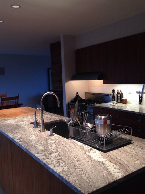 Kitchen, marble and butcher block top.