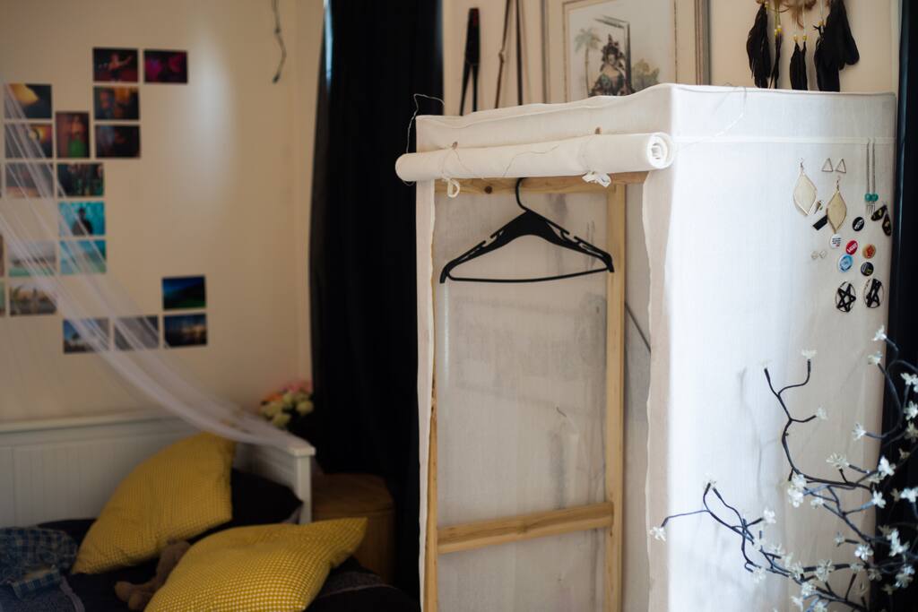 Wardrobe and bed area.