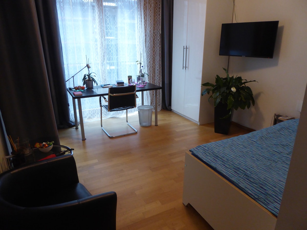 A spacious guest room features two single beds with blue bedding. A desk with a chair is positioned by the window, alongside a plant and a small waste bin. A black armchair is placed near the corner, and a wall-mounted TV is visible.
