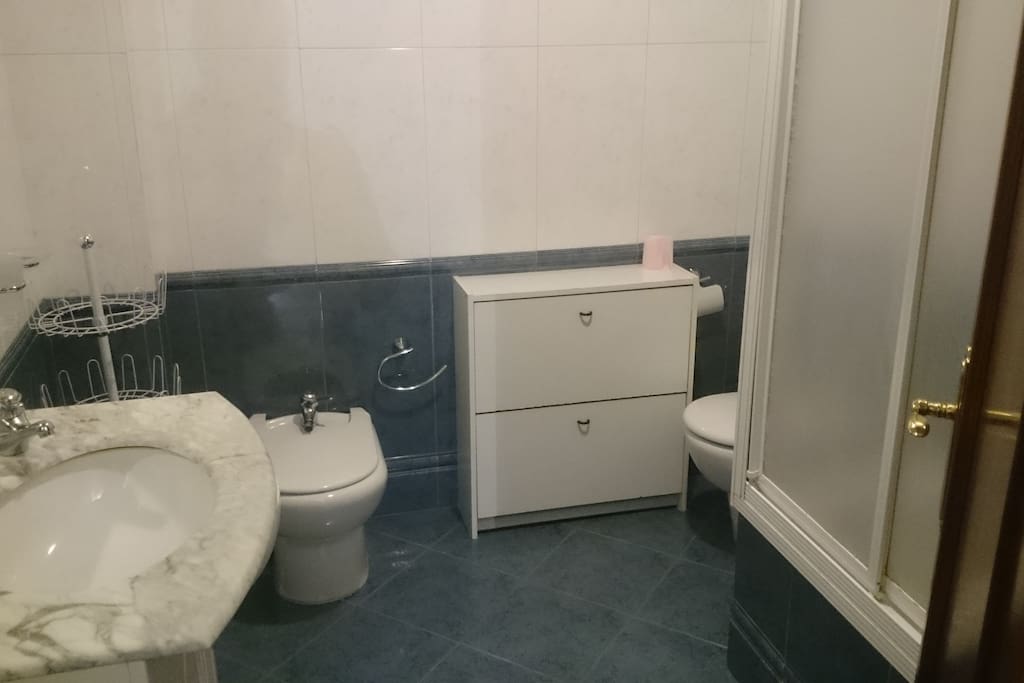 Amplio cuarto de aseo, con secador, toallas y productos básicos de aseo