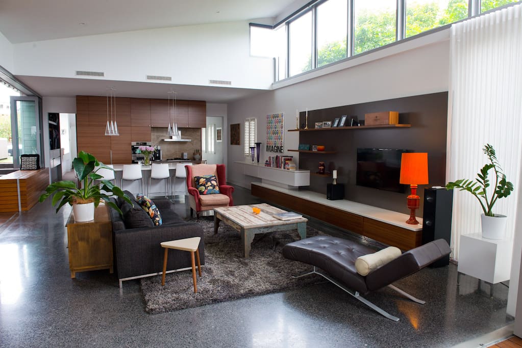 Vaulted Ceiling living area with LED tv, apple tv, B&O stereo with speakers everywhere including ensuites.