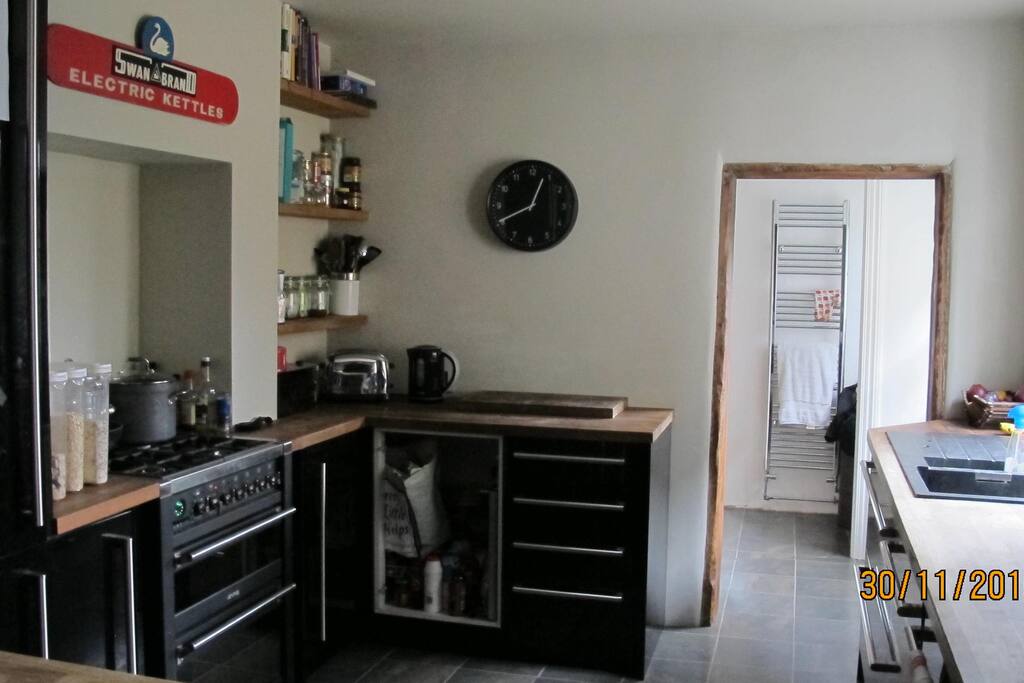 Built in fridge freezer. Oven with gas hob.
