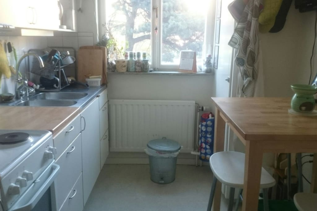 Kitchen table for 3 persons, view to front of house and play garden (barbecue available)