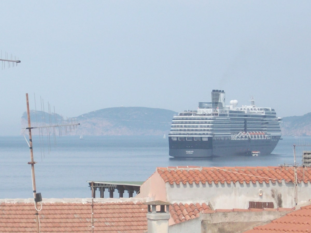 A large cruise ship is anchored offshore, with the coastline of a distant island visible in the background. Rooftops of nearby buildings are seen in the foreground, showcasing terracotta tiles and aerial antennas extending towards the sky.
