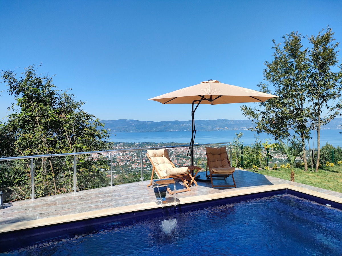 A relaxing outdoor area features two lounge chairs positioned under a large umbrella, overlooking a scenic view of Sapanca Lake. The pool reflects the clear blue sky, while lush greenery surrounds the space, creating a calm atmosphere ideal for leisure.