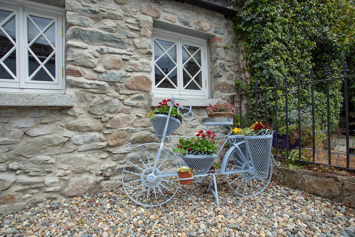 A decorative bicycle planter stands against a stone wall, featuring several containers filled with colorful flowers. The bicycle, painted in light blue, adds a charming touch to the exterior of the cottage, while a window with distinctive diamond-shaped panes provides a glimpse of the interior.