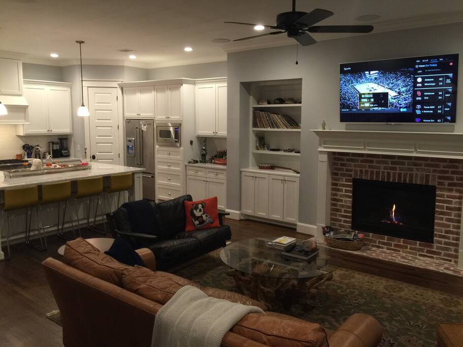 4K TV with xfinity x1, bluray, apple TV, Bluetooth music and record player hooked up to built-in surround sound