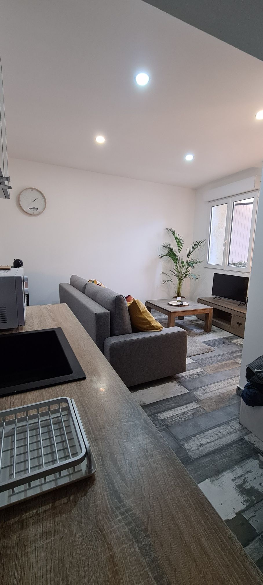 A bright and modern living area is featured, showcasing a comfortable sofa adorned with cushions. A television is positioned on a low cabinet beside a window. A simple table enhances the space, complemented by a small decorative plant in the corner.