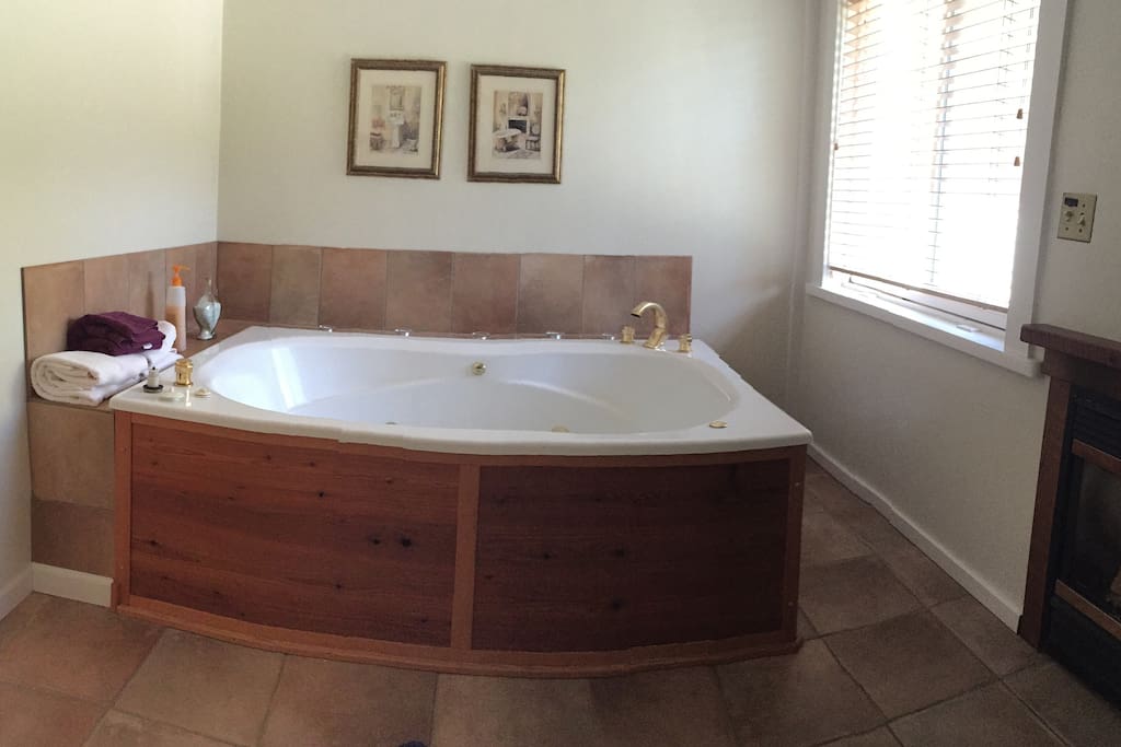 Enormous jetted tub warmed by a gas fireplace
