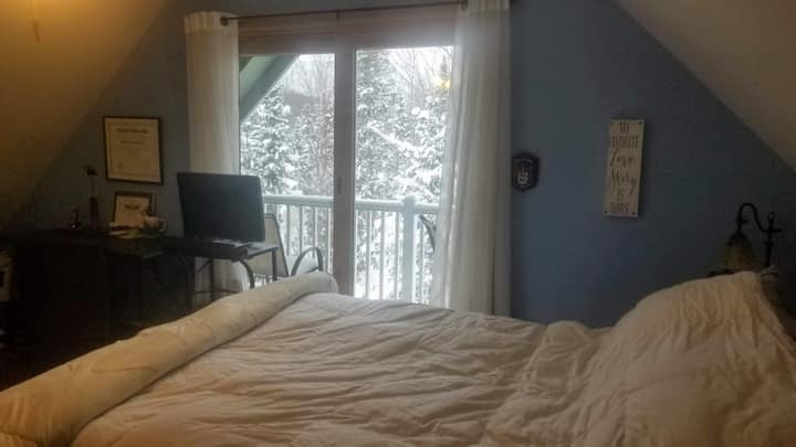 MBR Queen next to 2nd floor bathroom and small deck with a lovely Hazen Notch view