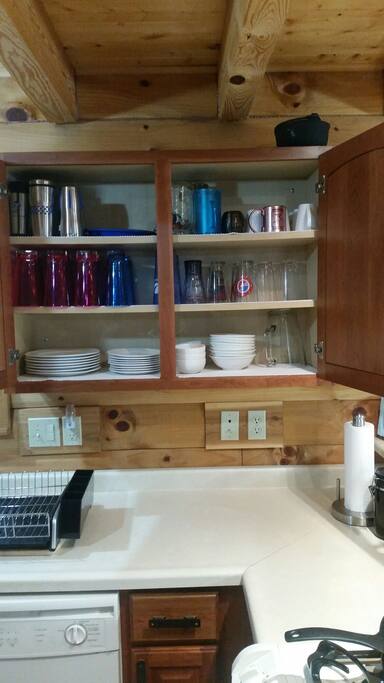 Dishes and cooking utensils, pots and pans provided.
