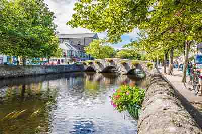 A serene scene depicts a stone bridge arching over a tranquil river, with lush green trees lining the banks. Colorful flowers in a planter add a touch of vibrancy to the landscape, while quaint buildings and shops are visible in the background.
