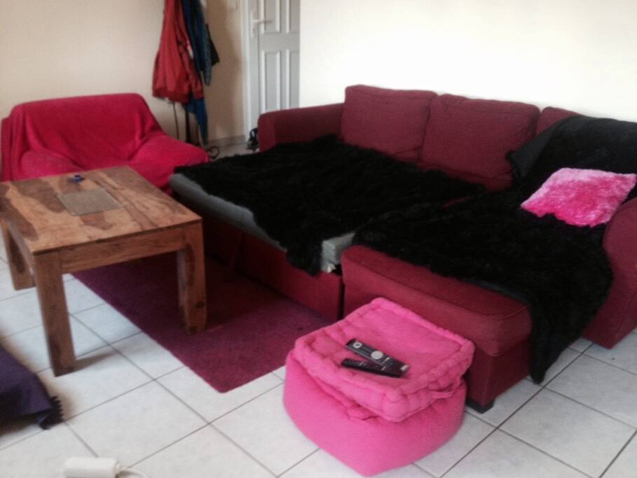Le canapé du salon peut également accueillir 2 personnes The living room couch can also host 2 people.