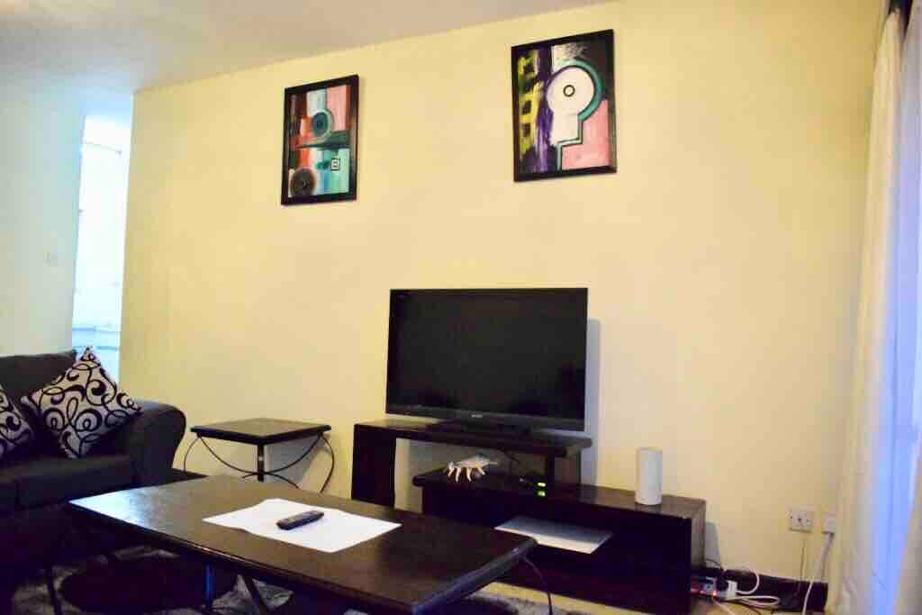 Living room view with 42" TV, cable and internet