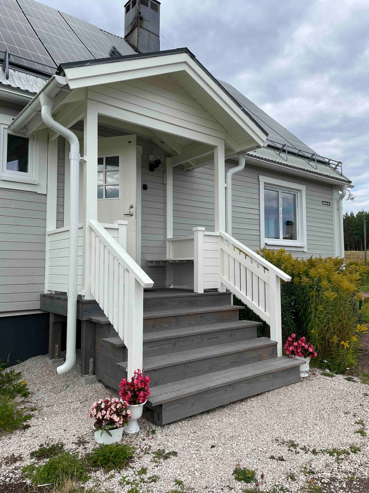 A welcoming entrance features a set of wooden steps leading to a gray door under a small roof overhang. Flanking the entrance are potted flowers, and the textured gravel path adds a natural touch to the outdoor space.