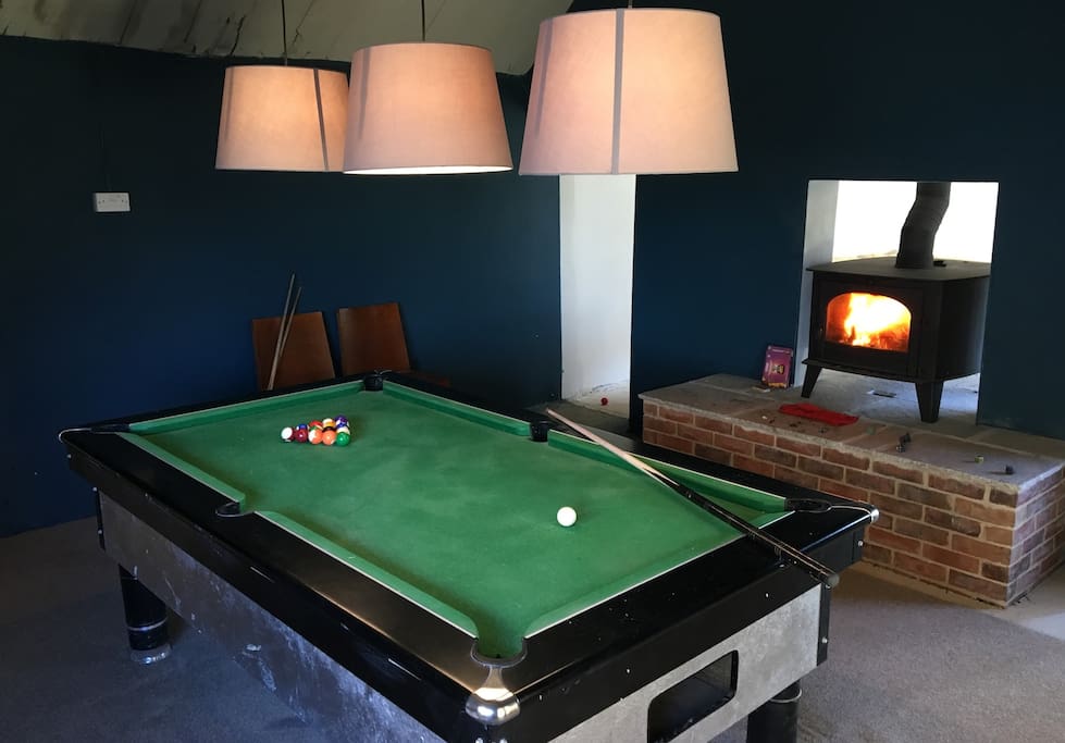 Pool Table With Log Fire
