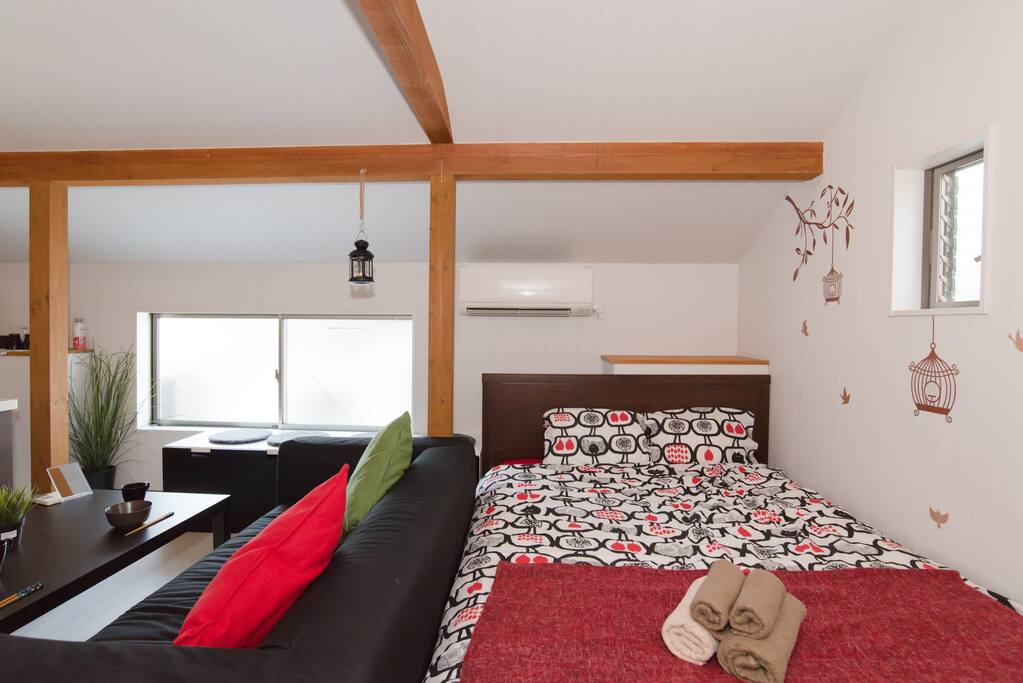 Double bed and sofa.