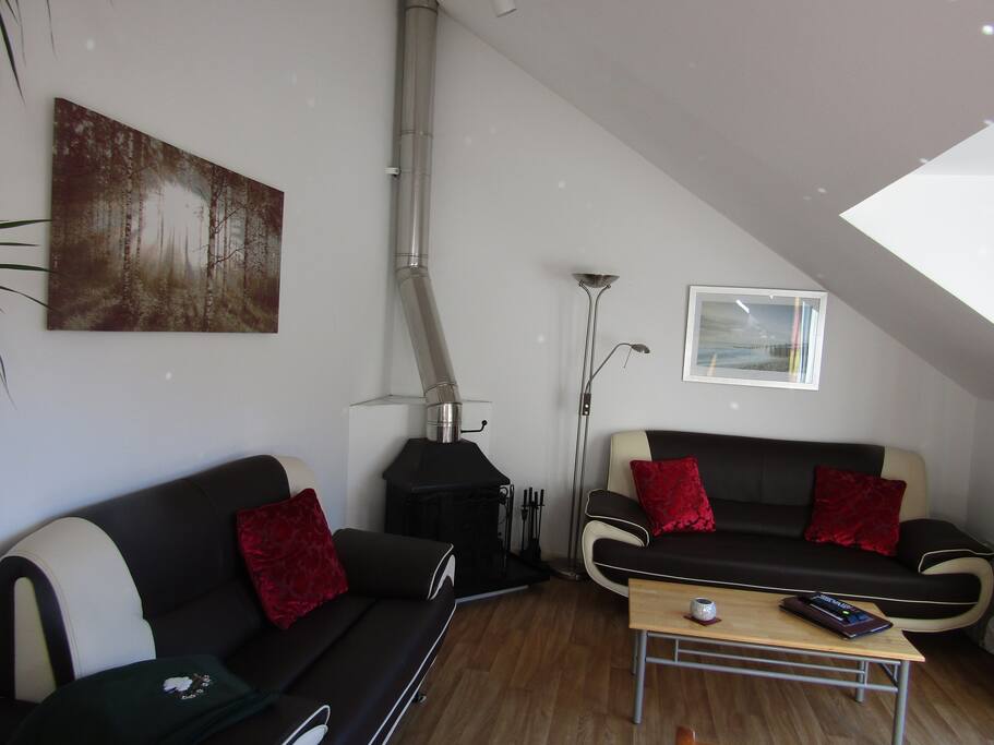 Living room with large log fire, free basket of fire wood.
