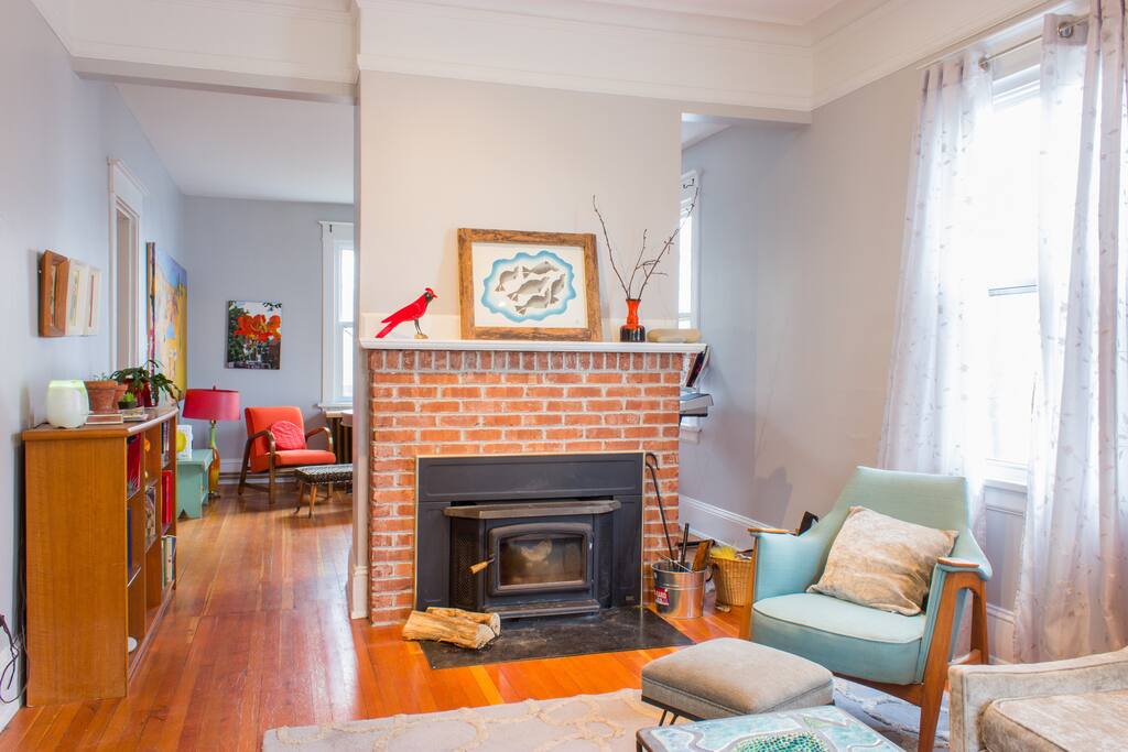 The wood stove warms things up on a chilly evening