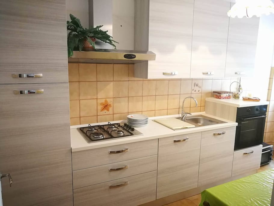 Cucina accessoriata provvista di frigo,congelatore,forno e lavastoviglie.